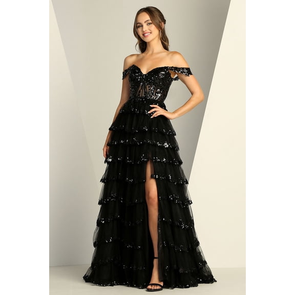 Women's Adora Design 3213 Off Shoulder Sequin A-line Long Formal Prom 2026 Dress Black Size XL New Year's Eve