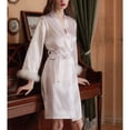 thumbnail image 4 of Defitshape Women's Soft Satin Robe Short Lightweight Summer Luxury Faux Fur Trim Bridal Robes Silk Bathrobe Knee Length Bridesmaid Pjs Bride White Medium, 4 of 4