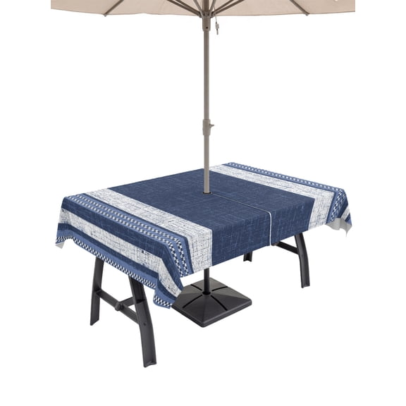 Outdoor Tablecloth with Umbrella Hole for Patio/Picnic/Party/Camping, Vintage Navy Blue Striped Waterproof Table Cloth Rectangle Table Cover Washable, Farmhouse Modern Stripes Boho (60"x 120")