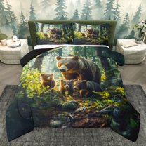 Homewish Wild Animal Bear Queen Comforter Set,Natural Botanical Bedding Sets,Green Brown Bedding Comforter Set For Teens,Luxury Bedroom Decor Reversible,3-Piece