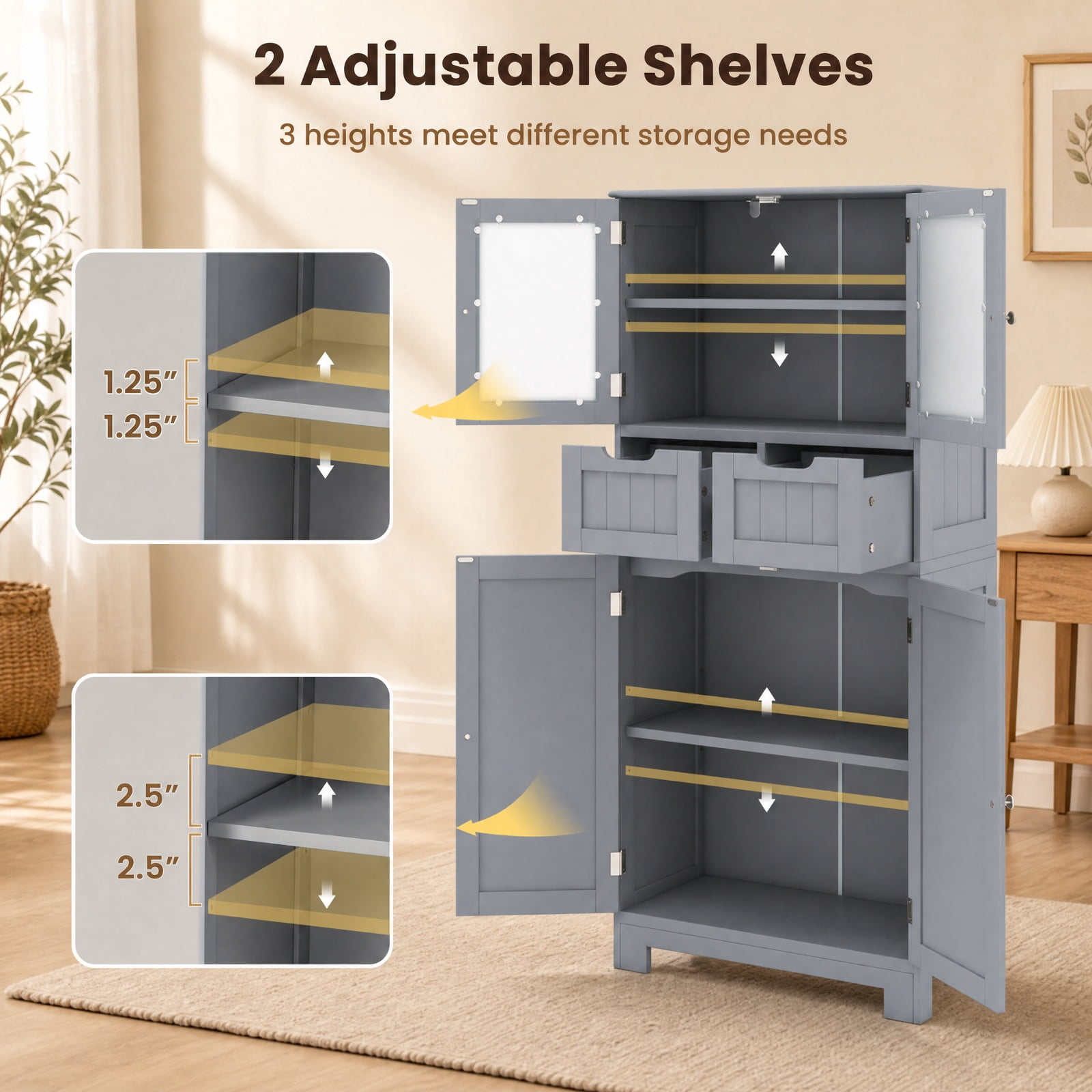 Vebreda Freestanding Bathroom Storage Cabinet, 4 Door Freestanding Bathroom Floor Storage Cabinet with 2 Drawers and Glass Doors