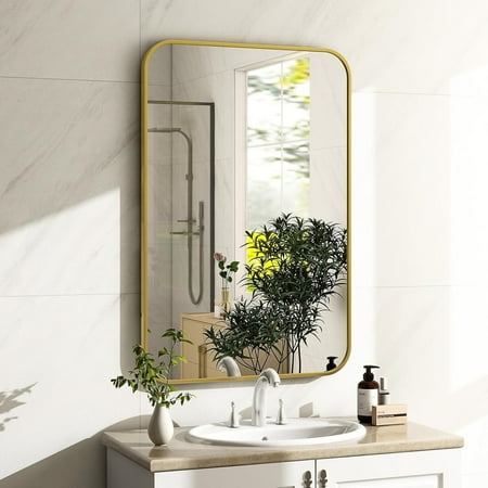 Condition photo showing New/Like New for YVANLA 36 x24  Rectangular Bathroom Mirror Round-edged Wall Mounted Mirror with Aluminum Alloy Frame  Gold