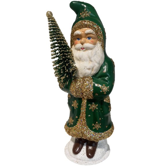 Alexander Taron 11” Paper Mache Santa in Green Coat with Gold Christmas Candy Container