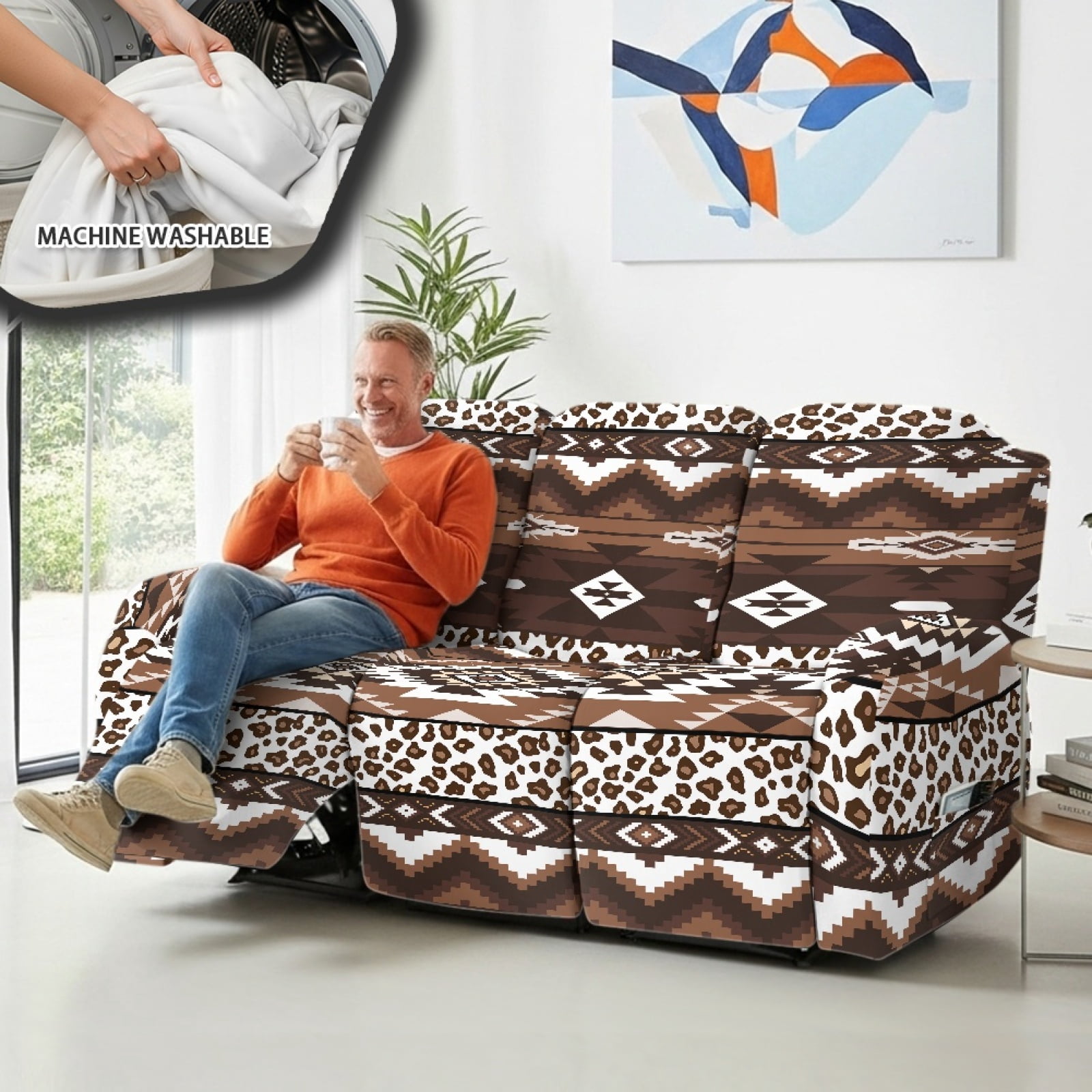 COEQINE Reclining Sofa Cover Breathable 3 Seater Couch Chair Cover 8 Pieces Stretch Recliner Chair Cover Stay in Place Lazy Boy Chair Slipcover Home Decor, American Tribal Brown Leopard Print