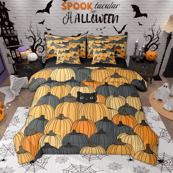 Manfei Funny Black Cat Twin Bedding Sets 7pcs, Cartoon Pumpkin Bedding Comforter Set, Happy Halloween Thanksgiving Day Sheet Sets, Ultra Soft Home Decor