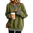 thumbnail image 2 of Women's Henley Sweatshirt Mock Two Piece Pullover Leopard Layered Long Sleeve Button Crew Neck Drop Shoulder Split Hem Loose Fit Tunic Top Army Green S, 2 of 5
