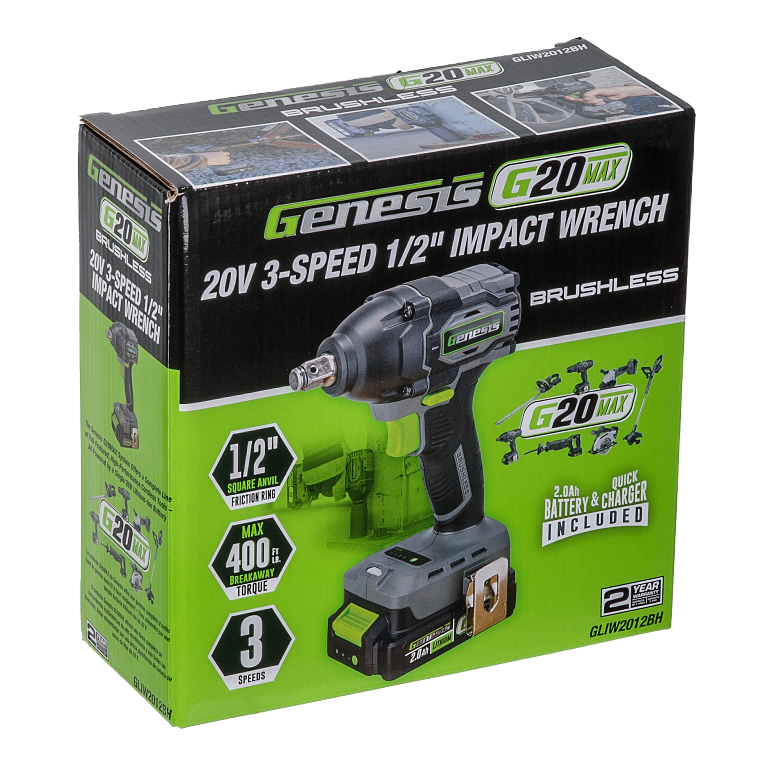 Genesis G20MAX 20V Brushless 1/2" Impact Wrench, 3 Speed, 400 ft-lbs torque, Auto Stop feature, with 2.0Ah Battery and Charger GLIW2012BH