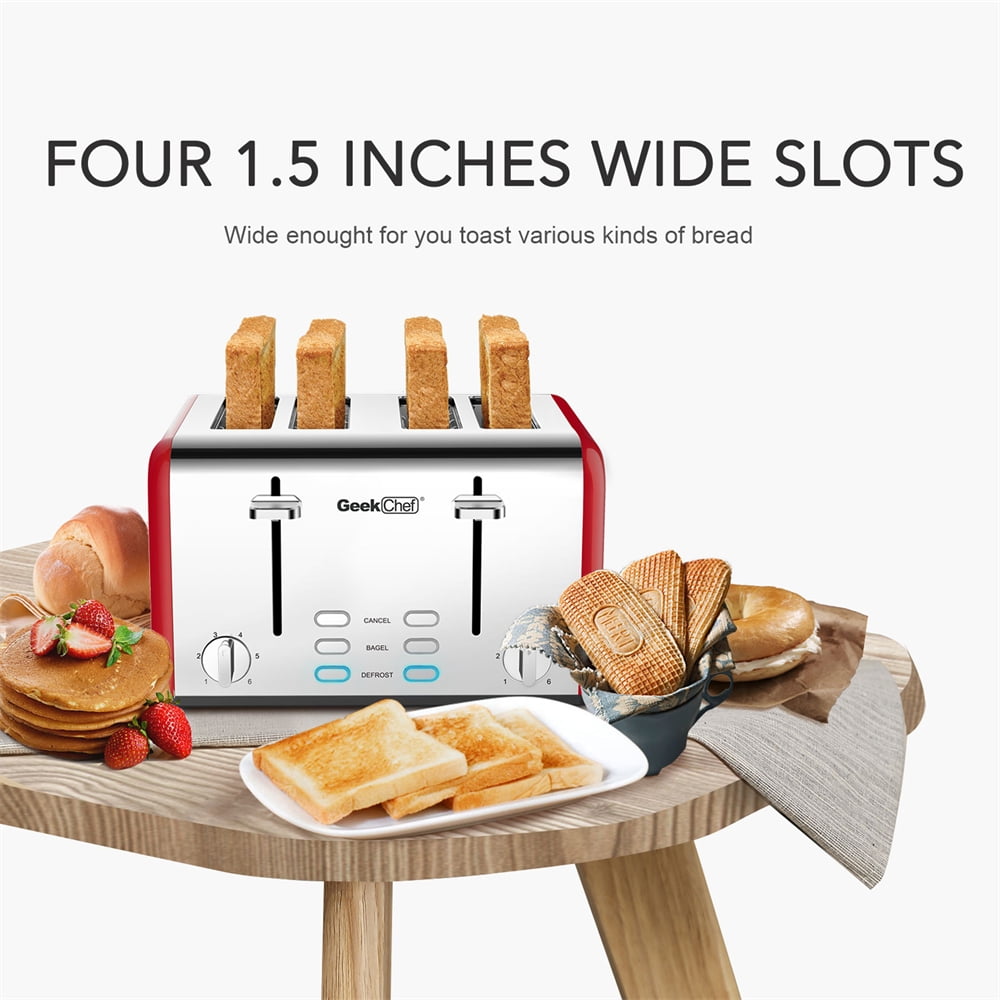 Latady Toaster 4 Slices, Geek Chef Stainless Steel Extra-Wide Slot Toaster, Dual Control Panel with Bagel/Defrost/Cancel Function, 6 Shade Settings For Baking Bread, Detachable Crumb Tray