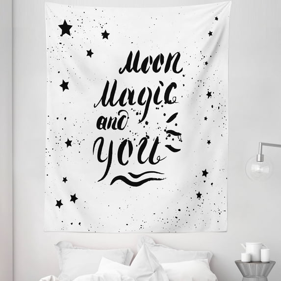 Romantic Tapestry, Moon Magic and You Inspirational Messy Modern Brush Pen Calligraphy with Stars, Fabric Wall Hanging Decor for Bedroom Living Room Dorm, 5 Sizes, Black White, by Ambesonne