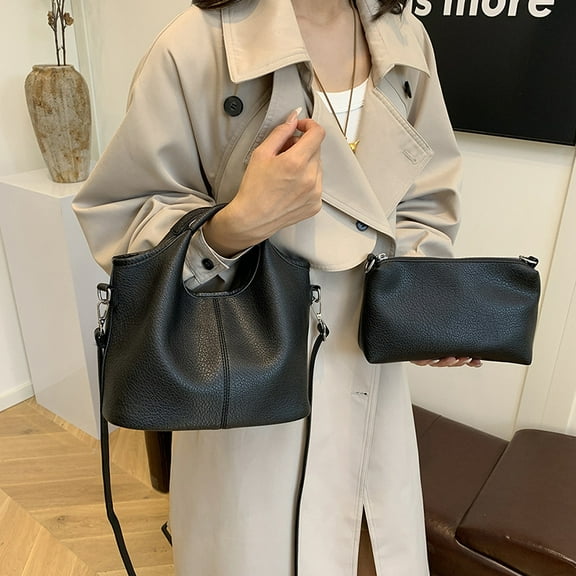 2Pcs PU Leather Crossbody Tote Bag For Women Large Capacity Bucket Handbag Slouchy Tote Purses Shoulder Bag for Travel Work Party