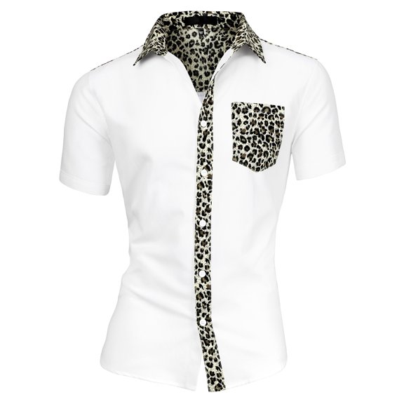 MODA NOVA Big & Tall Men's Floral Print Pocket Button Down Hawaiian Shirt Leopard Print 38