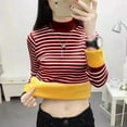 thumbnail image 4 of Plus Velvet Half High Collar Stripe Splicing Pullover Sweaters Women Autumn Winter Thick Warm Loose Streetwear Knitted Sweaters, 4 of 6