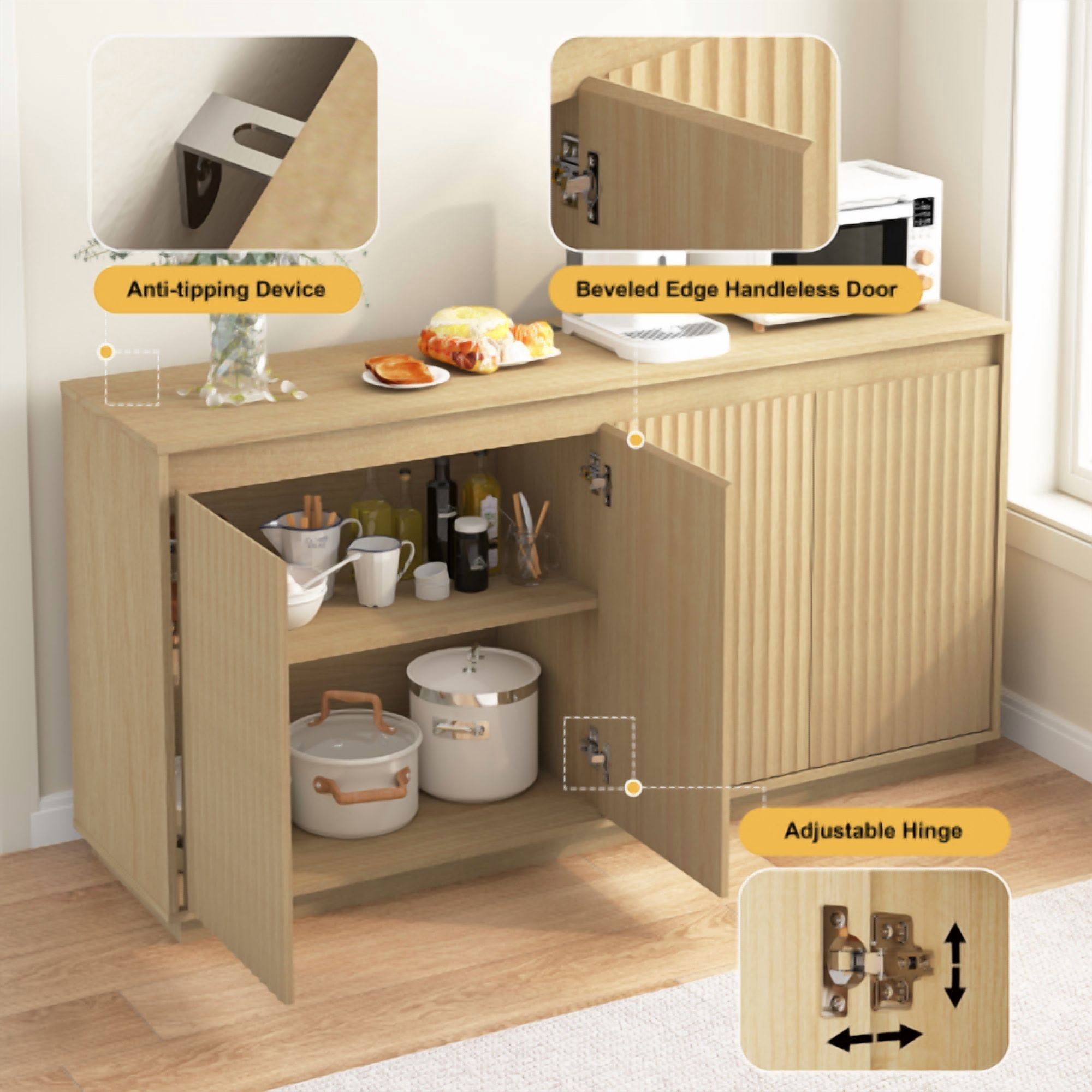 4-Door Sideboard Buffet Cabinet with Power Outlet, Wavy Texture No-Handle Accent Cabinet, Freestanding Storage Cabinet for Dining Room, Living Room, Entryway, Natural