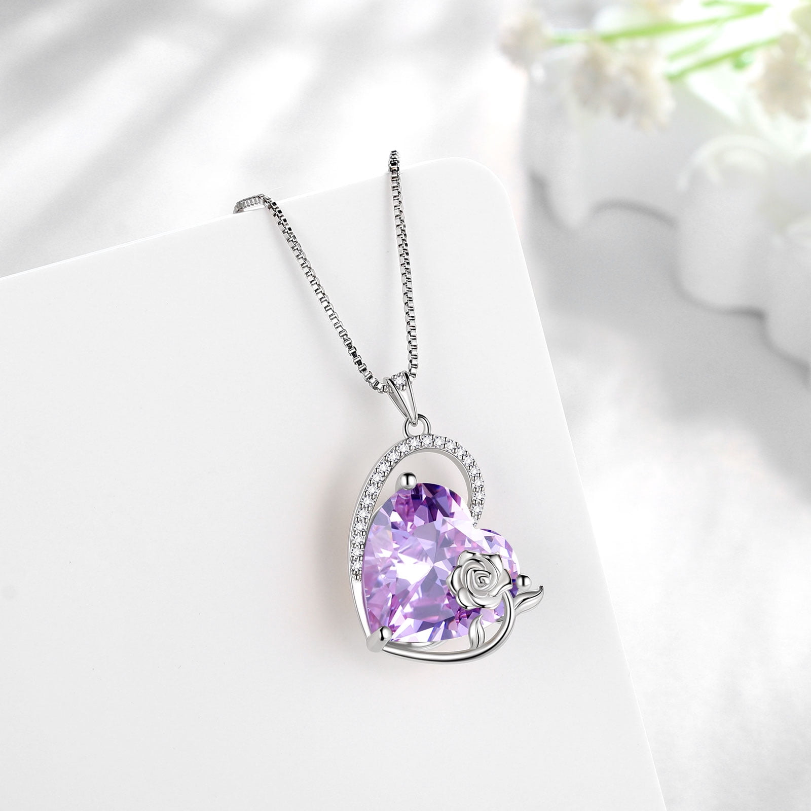 Juwaliy 925 Sterling Silver 15MM Heart Necklace Women June Birthstone Alexandrite Purple Jewelry Rose Flower Pendant Mom Birthday Valentines's Day Gift for Her