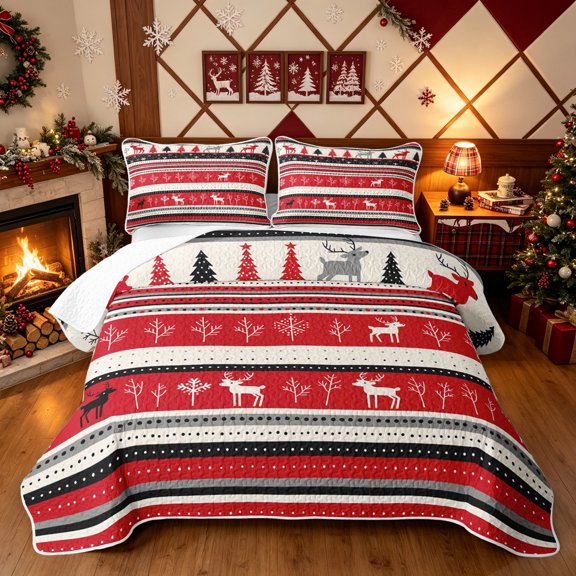 Erosebridal Christmas Tree Twin Quilt Set, Vintage Abstract Twin Coverlet Set, Red White, 2 Pieces, 1 Bedspread and 1 Pillowcase