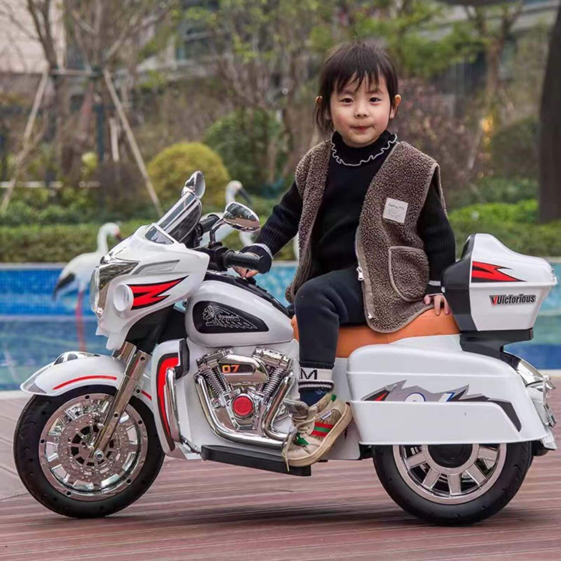 Tamco 12V Kids Electric Ride On Motorcycle with Two Seat and 3 Wheels, White