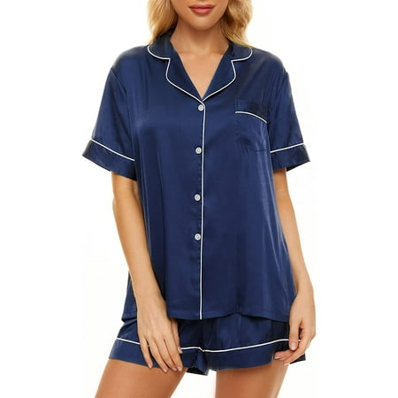 

Womens Silk Satin Pajama Set 2 Piece Pajamas Sets Short Sleeve Loungewear Bridal Ladies Sleepwear Button-Down PSJ