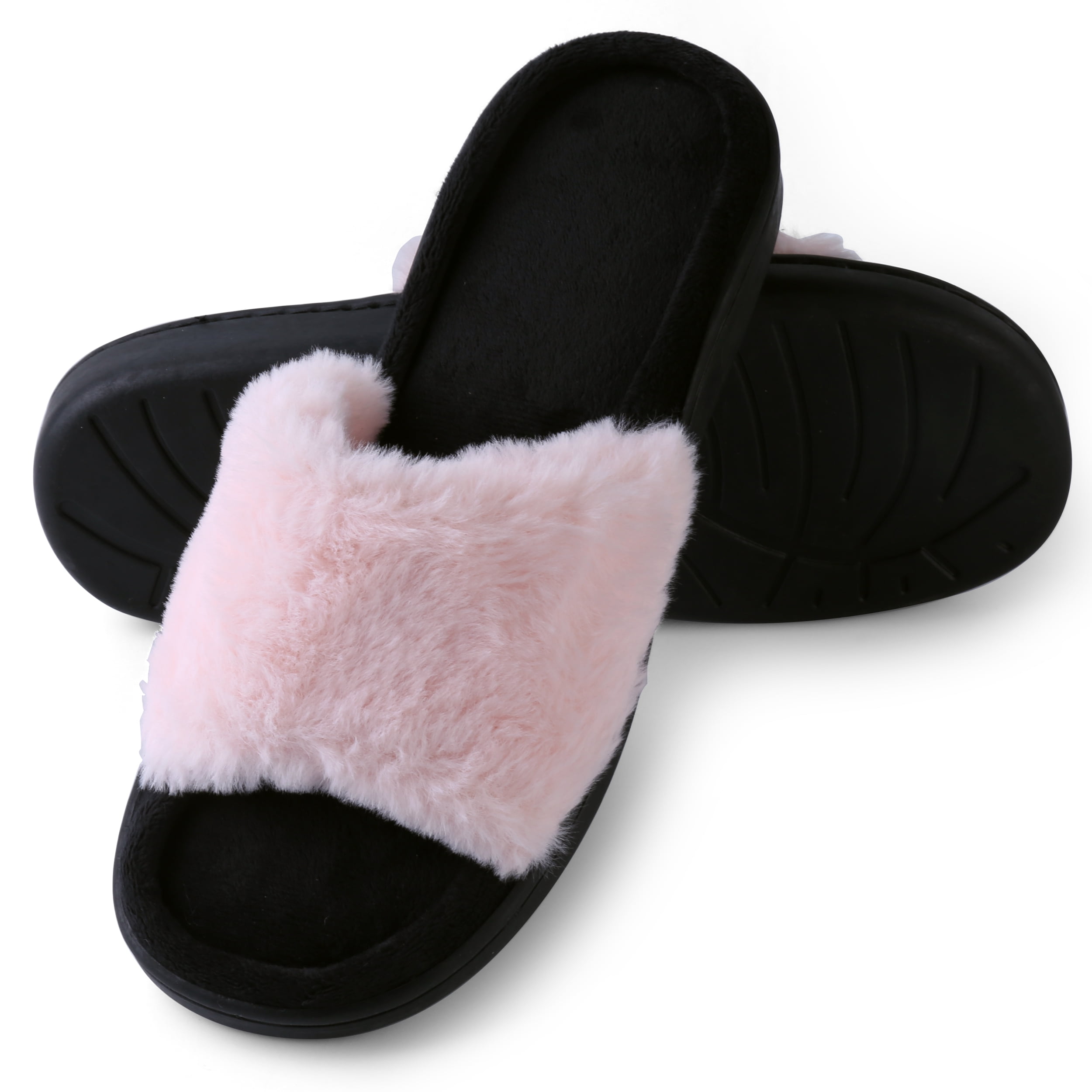 Women's Light And Fluffy Soft Plush Sandal Slippers with No-Slip Rubber Sole For Indoor, Outdoor, Spa Use (Pink)