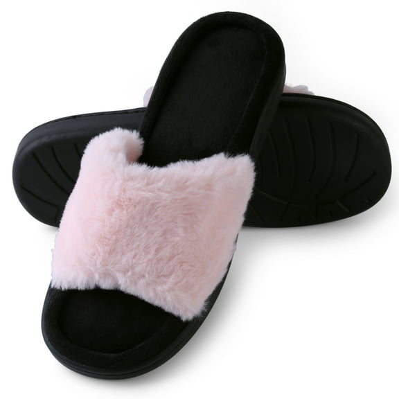 Fluffy Slide Slippers for Women – Soft Fleece Open Toe Indoor Slip-On House Shoes with Non-Slip Rubber Sole, Cozy Home Lounge Footwear