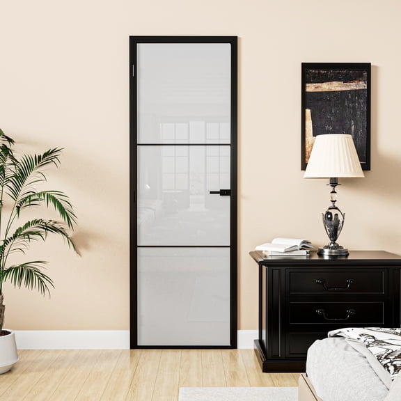 24" x 80" Interior 3-Lite Frosted Glass Aluminun Door Slab Black Finished With Aluminun Jamb And Knob