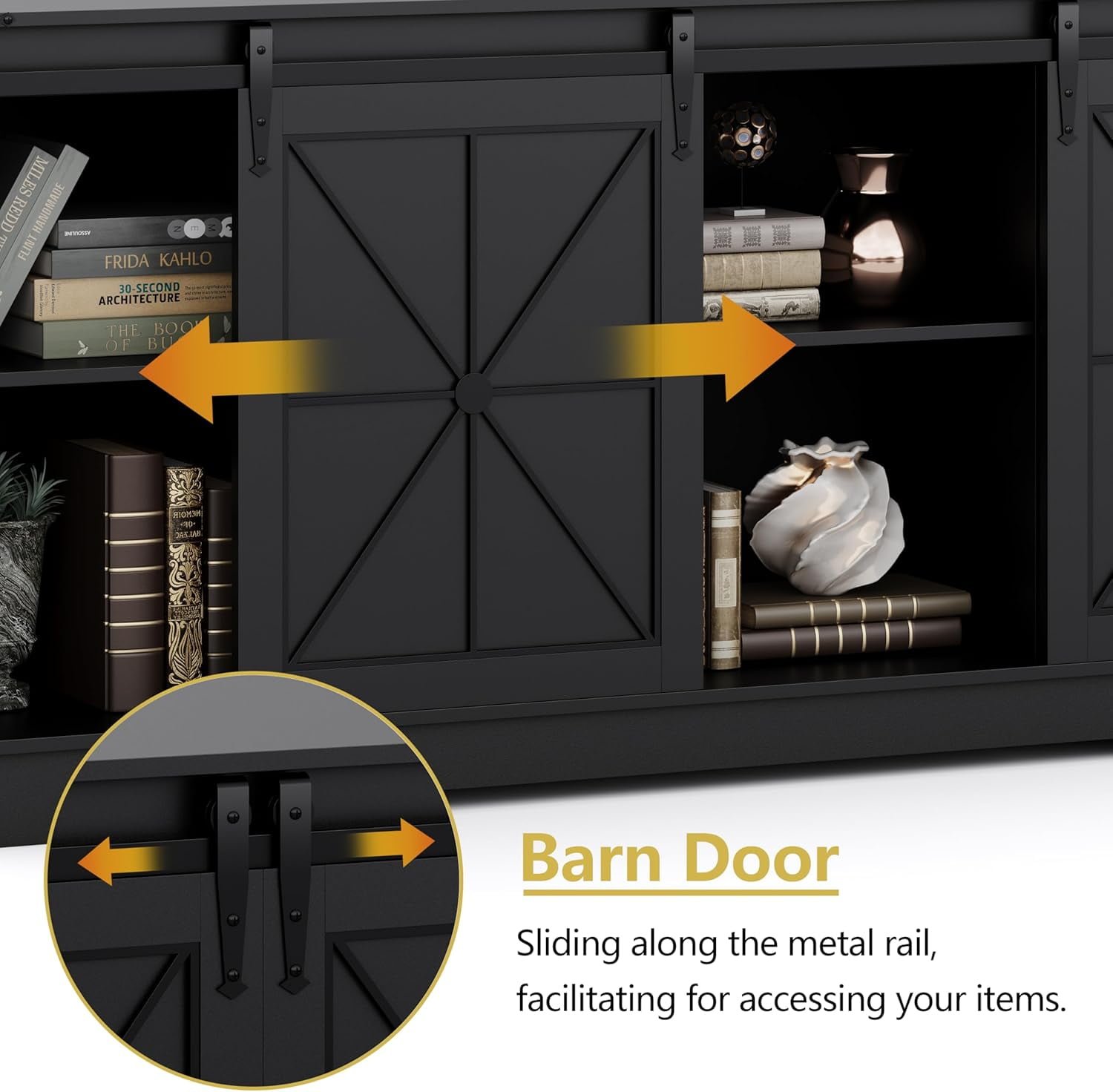FANRAL Farmhouse TV Stand with Sliding Barn Doors,Rustic Entertainment Center for 65 Inch TV,Media Console with Storage Cabinets & Cable Holes for Living Room,Black TV Stand