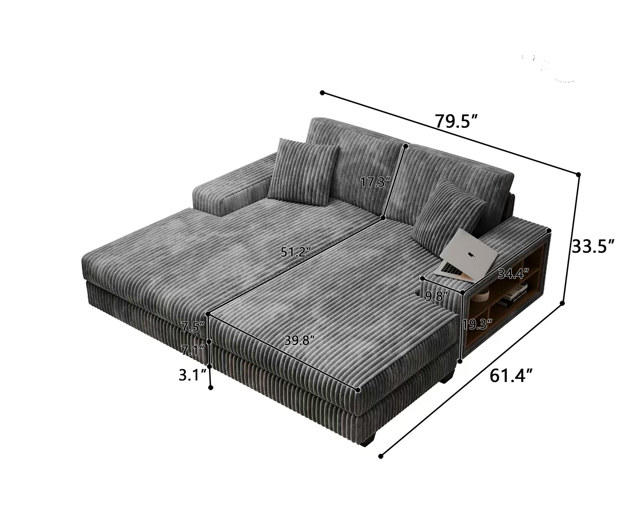 Aukfa 79.5" Oversized Double Chaise Lounges Sofa, Plush Corduroy Sectional with Storage Armrests, Memory Foam Loveseat Sleeper Sofa Couch for Living Room/Bedroom, Gray