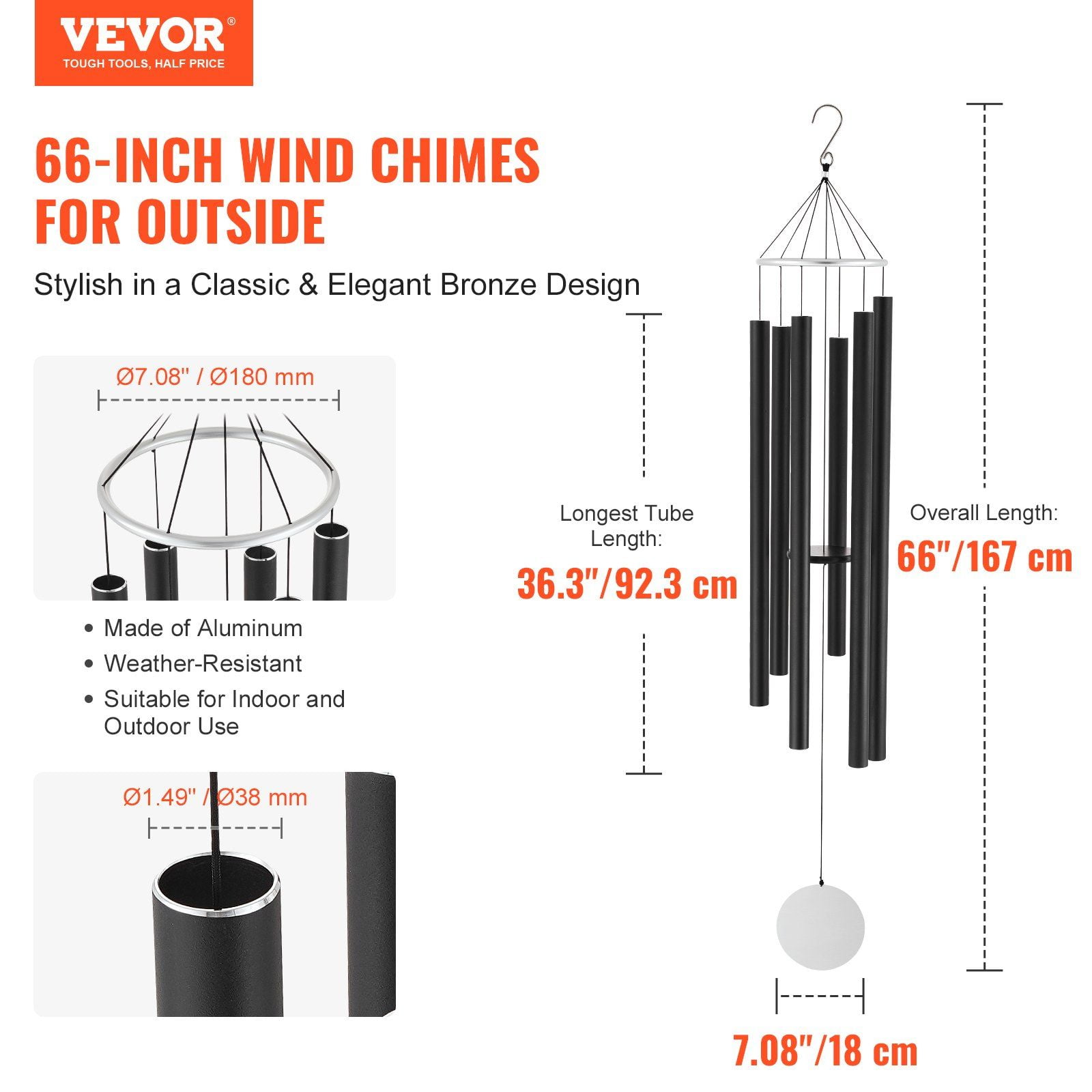 Heavy-Duty 66-Inch Deep Tone Wind Chimes – Outdoor Aluminum Memorial Wind Chime