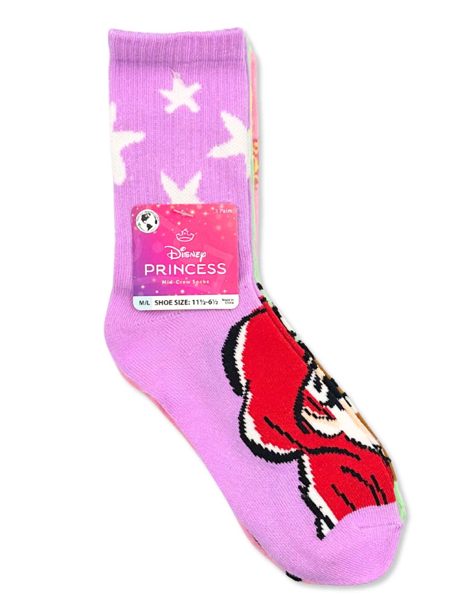 Disney Princess Girls Mid-Crew Socks, 3-Pack, Sizes S/M-M/L