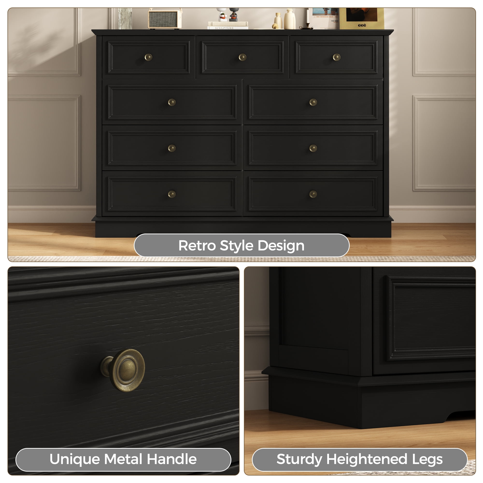 IDEALSOUL Black Dresser, 9 Drawer Dresser with Round Metal Handle, 47.2" Retro Wood Storage Cabinet with 6 large drawer and 2 Small drawer for Living Room, Bedroom, Hallway