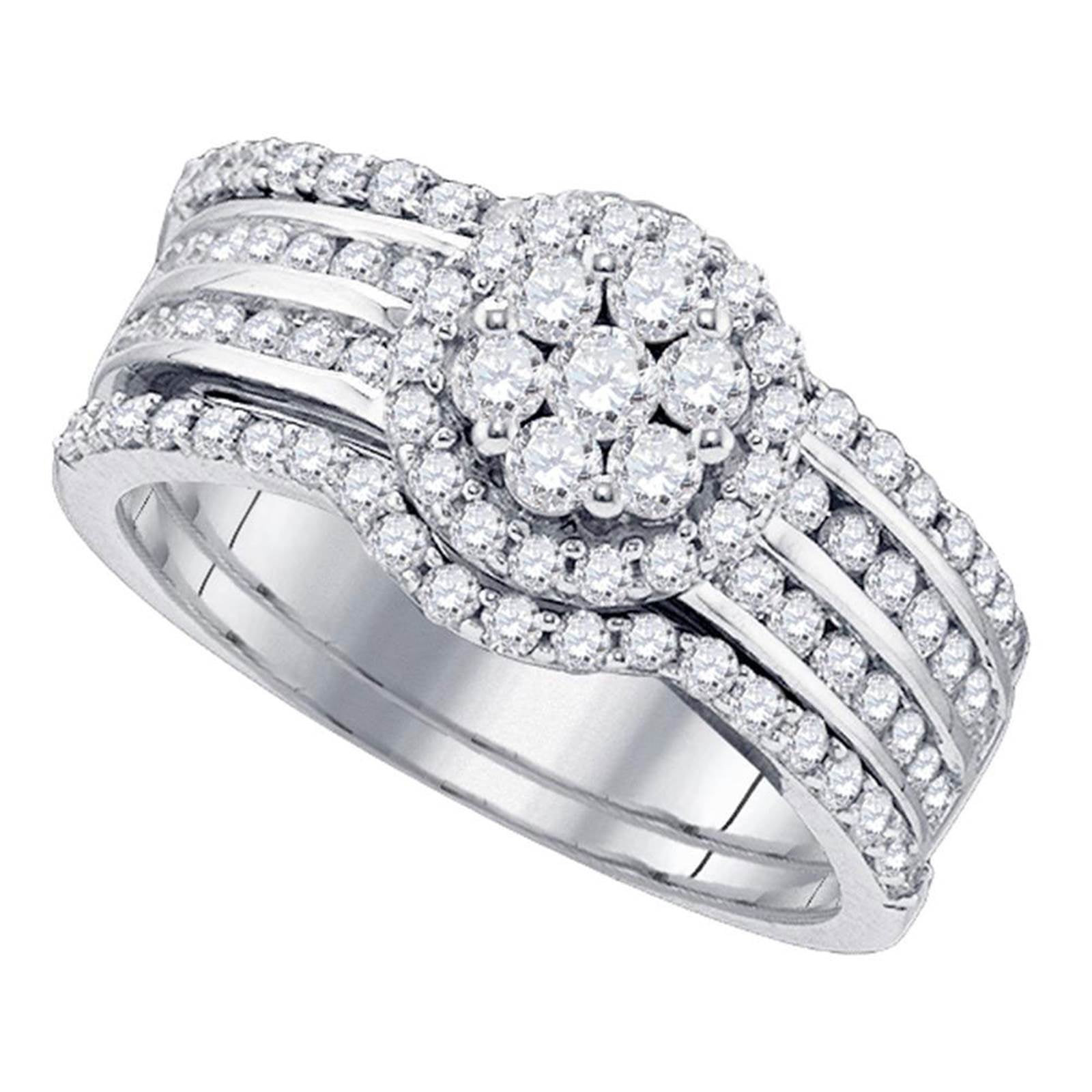 Fusion Collections 14k White Gold Diamond Cluster 3Piece Bridal Wedding Engagement Ring Band