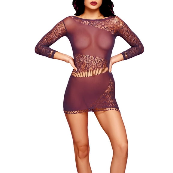 Hauty Women's Tory Long Sleeve Knit Chemise with Asymmetrical Floral Pattern - Purple, ONE SIZE