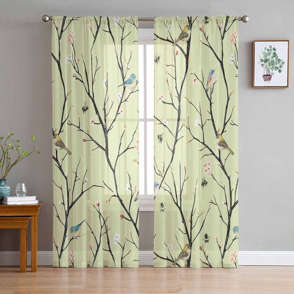 Tree Birds Sheer Curtains 63 Inch Length 2 Panels Set for Living Room/Bedroom, Country Vintage Flower Floral Bee Spring Semi Curtain Sheers Drapes Rod Pocket Curtains Window Treatment Set 52''x63''x2