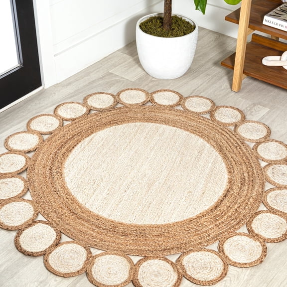 JONATHAN Y ANSA 5' Round Area Rug, Skye Two-Tone Jute Circle Border - Cream/Natural, RNF113A-5R