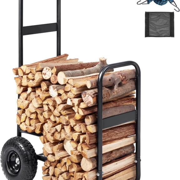 Firewood Log Cart, 250 lbs Load Capacity, Outdoor and Indoor Wood Rack Storage Mover with Pneumatic Rubber Wheels, Heavy Duty Steel Dolly Hauler, Firewood Carrier for Fireplace, Fire Pit