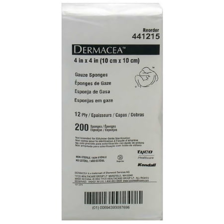 Dermacea Gauze Sponge Cotton 12-Ply NonSterile  ''4 X 4 Inch Square, Pack of 200''