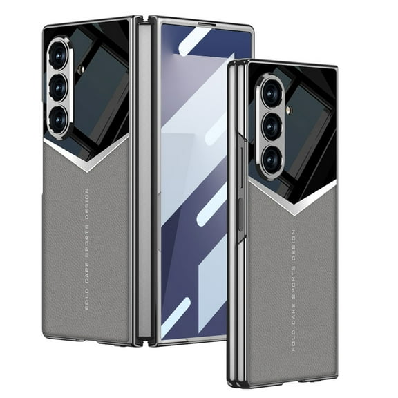 Designed for Samsung Galaxy Z Fold 7 Phone Case,With Tempered Glass Screen Protector,Anti-Scratch PU Leather Electroplated Bumper Shockproof Rugged Ultra Slim Phone Case,Gray