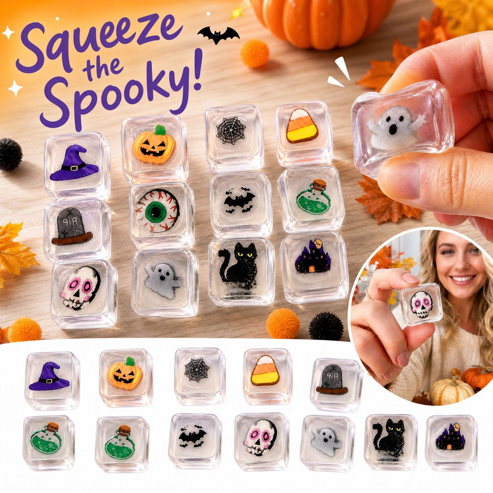 1Pack Halloween Clear Cube Squeeze Toy Mini Random Pattern Fidget Squishy Toy Soft TPR Squeezable Stress Relief Toy Halloween Party Bag Fillers For Kids And Teens