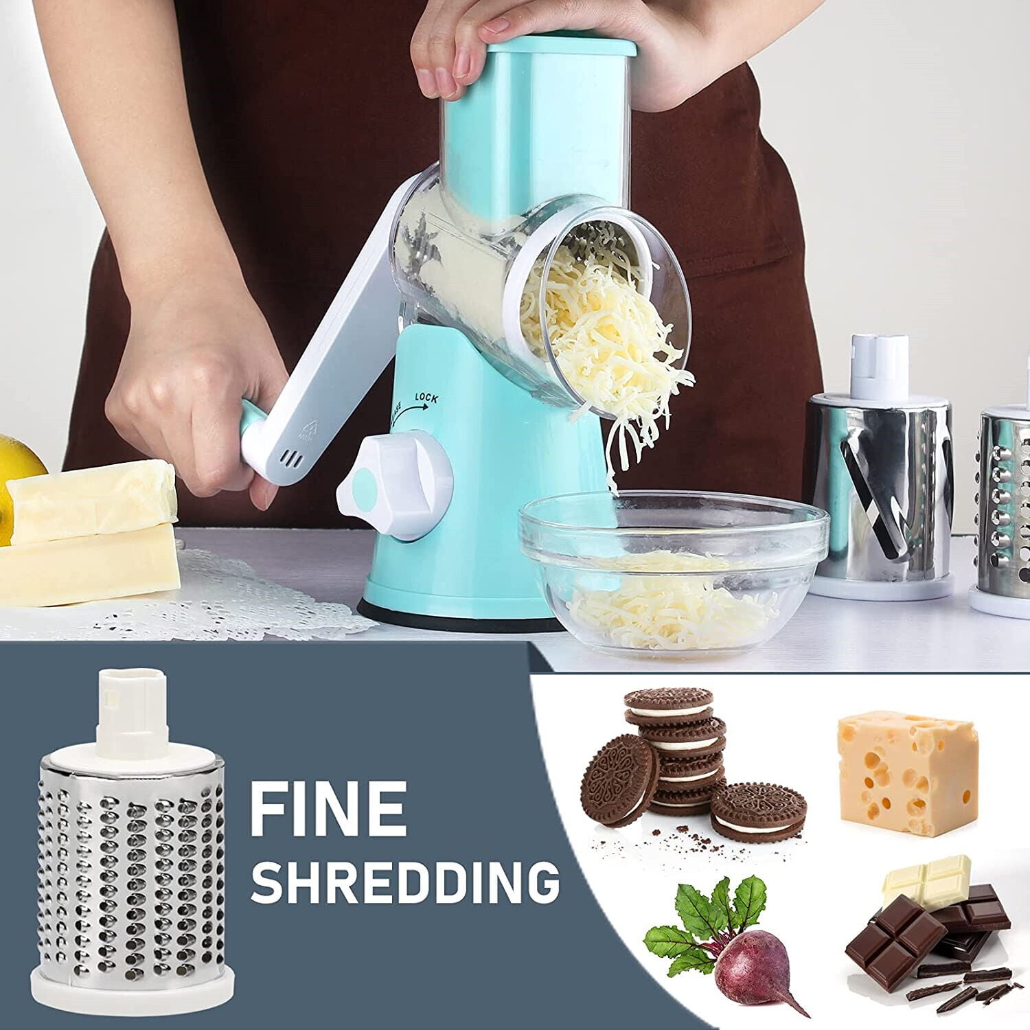  Rotary Cheese Grater Shredder Chopper Round Tumbling Box  Mandoline Slicer Nut Grinder for Vegetable, Hash Brown, Potato with 3 Sharp  Drums Blades and Strong Suction Base by Valuetool: Home & Kitchen