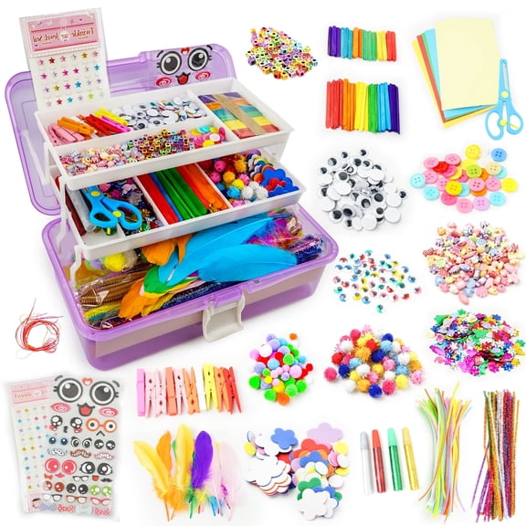 1000 Pcs Arts and Crafts Supplies Kit for Kids, DIY Craft Materials Set with 3-Layer Portable Box, School Art Craft Kit for Ages 4-6, 6-8, 8-12