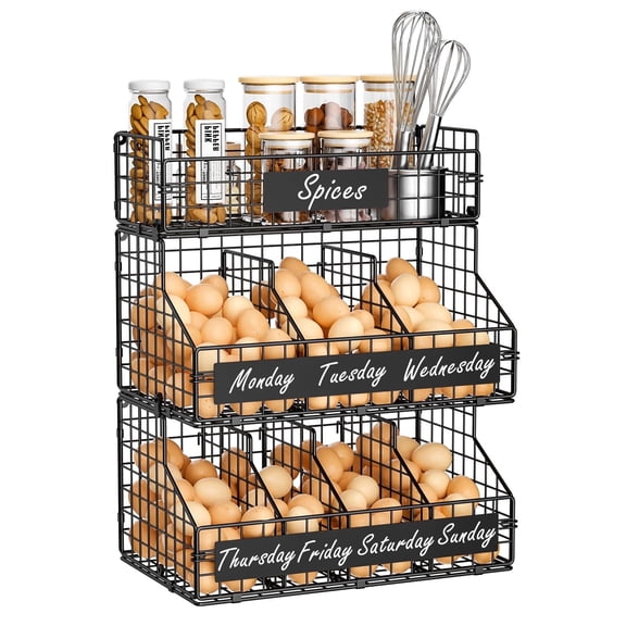 Baxikayon 3-Tier Stackable Egg Holder with 5 Dividers & Diy Nameplate, Wall-Mounted Wire Basket Organizer for Countertop Pantry, Black