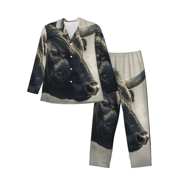 Fotbe Mystical Bull in Fog Pijama de Hombre con Estampado de Manga Larga, Conjunto de 2 Piezas, Ropa de Dormir Suave y Cómoda con Bolsillos-Medium