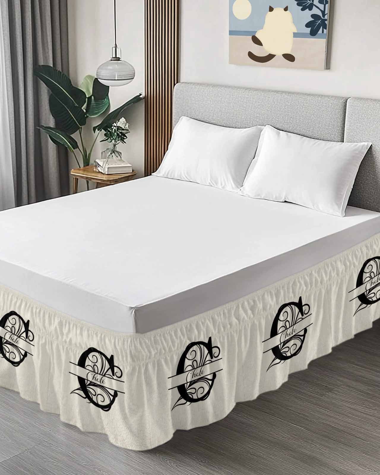 Letter C Bed Skirt Queen Size, Monogram Words Wrap Around Bed Skirting with Adjustable Elastic Strap, Dust Ruffle Pleated Bedskirts 16 Inch Drop for Bedroom Queen Beds