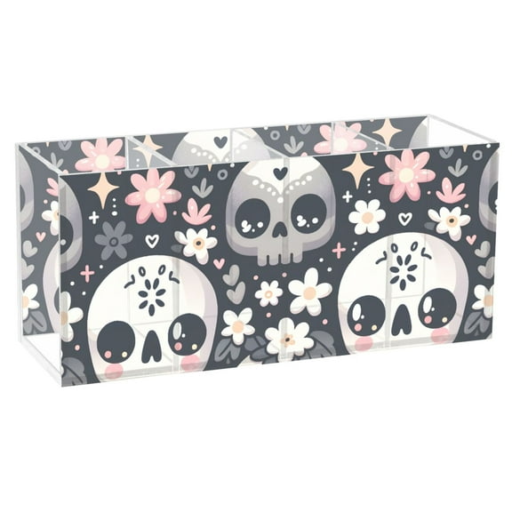 Funny Skull with Flower Acrylic Pen Holder 4 Compartments Clear Pencil Organizer Cup Makeup Brush Holder for Office Desk Classroom Home
