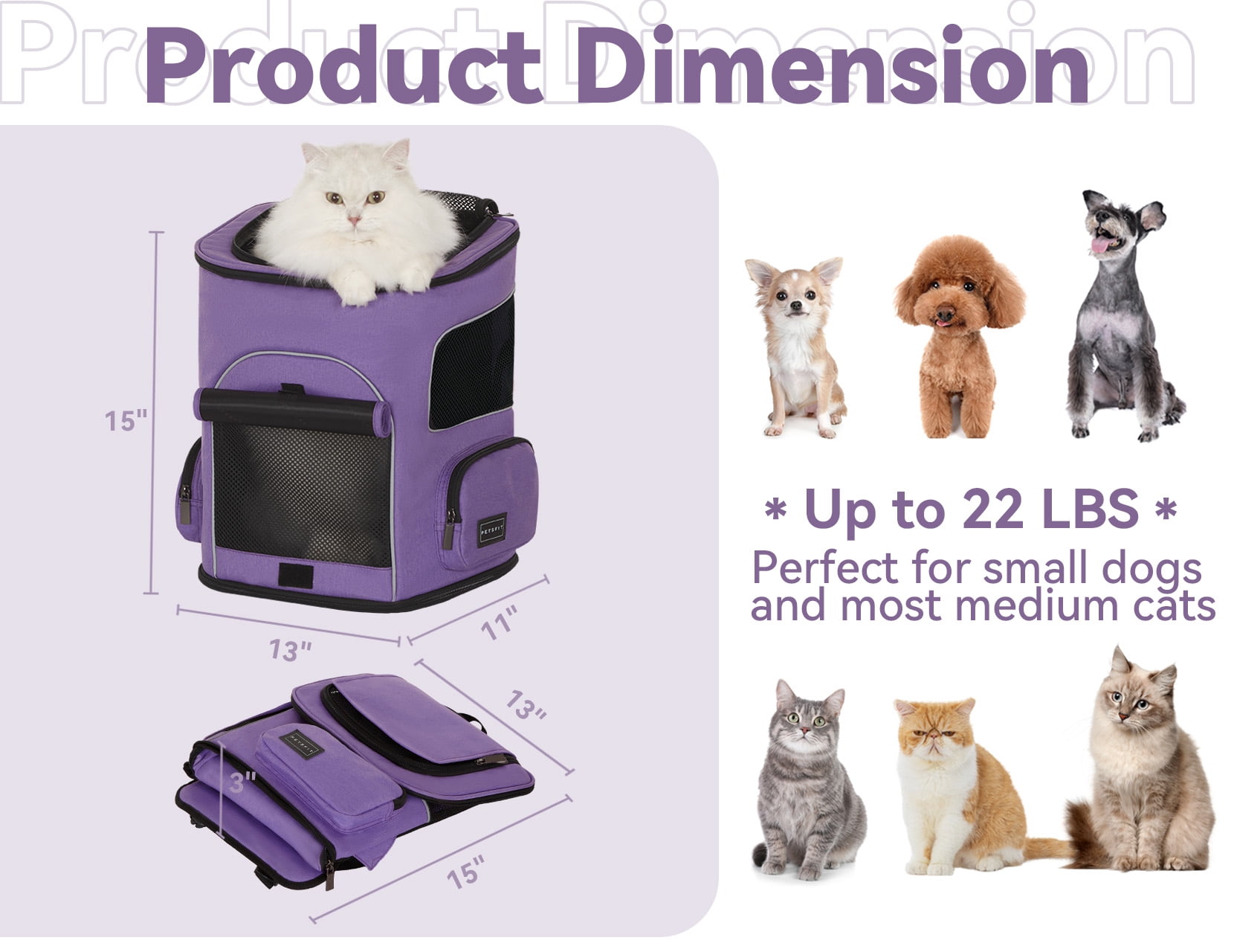 PETSFIT Cat Backpack Carrier with Upgraded Waist Protection,Pet Backpack for Small Dogs and Cats, Ideal for Outdoor Traveling, Hiking, and Camping (Purple)