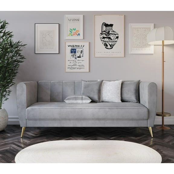 Home Design Scarlett Velvet Flared Arm 3-Seater Sofa with 4 Throw Pillows, Vertical Channel Tufting and Metal Legs, Modern Luxury, Silver Gray