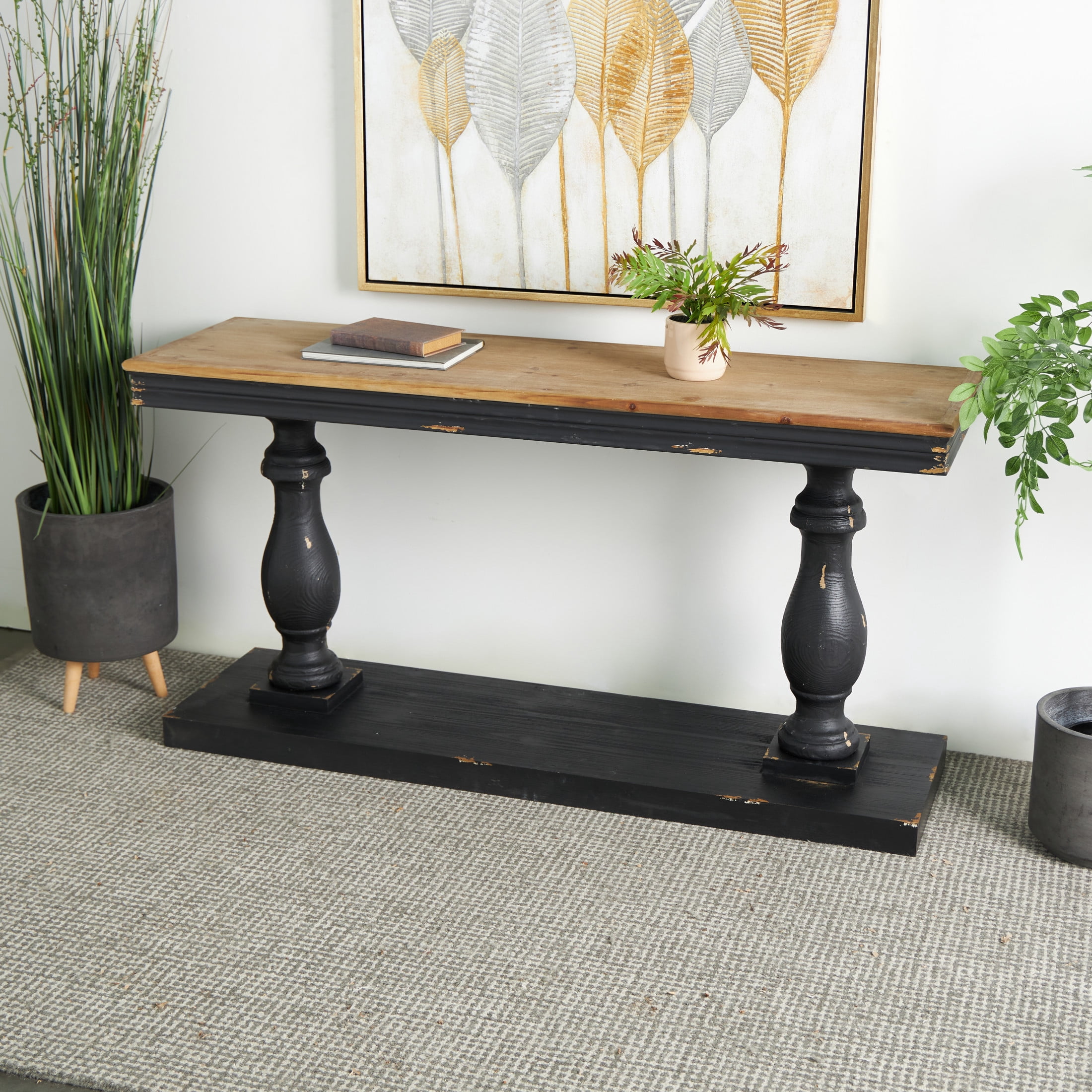 DecMode 59" x 31" Black Wood Distressed Console Table with Brown Wood Top, 1-Piece
