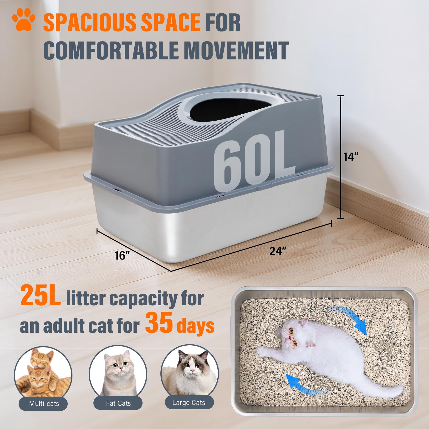Kettnjoy Top Entry Cat Litter Box with Lid, Stainless Steel XL Enclosed Cat Kitty Litterbox, Extra Large Metal High Side Litter Pan Tray Box Enclosure Easy Cleaning Anti-Leakage, Gray