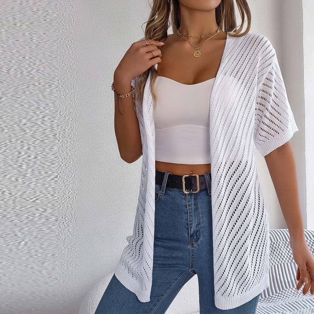 Cardigan de Mode pour Femmes Cameland d'Automne Cardigan à Manches Courtes Ajouré Uni pour Femmes