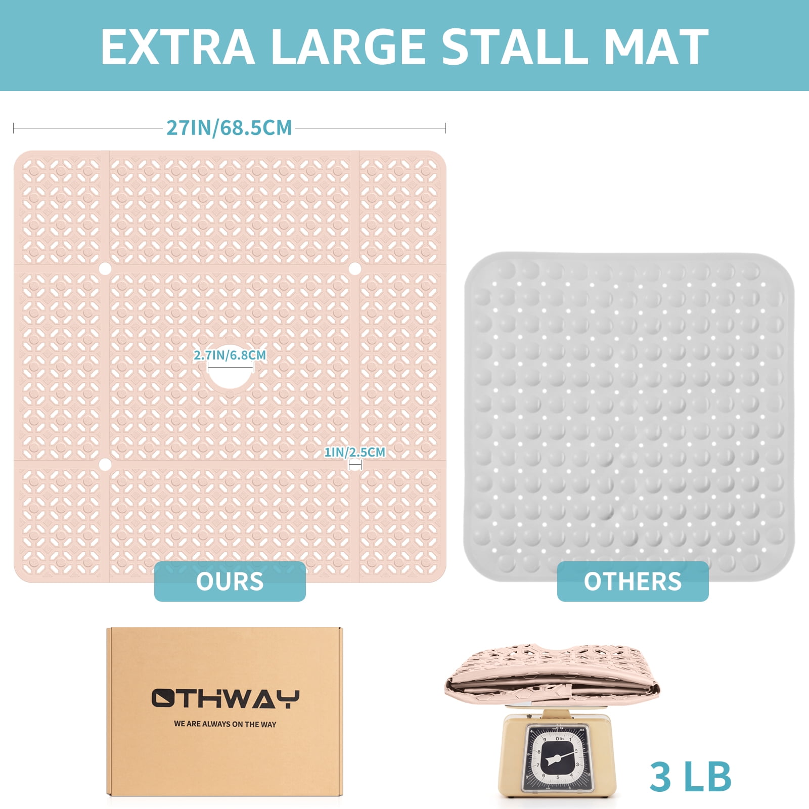 OTHWAY Square Shower Mat,27"x27" Extra Large Bath Mat,TPE Non-Slip Shower Floor Mat with Suction Cups & Drain Holes,Quick-Drying Shower Mat for Bathroom Decor (Baby Pink)