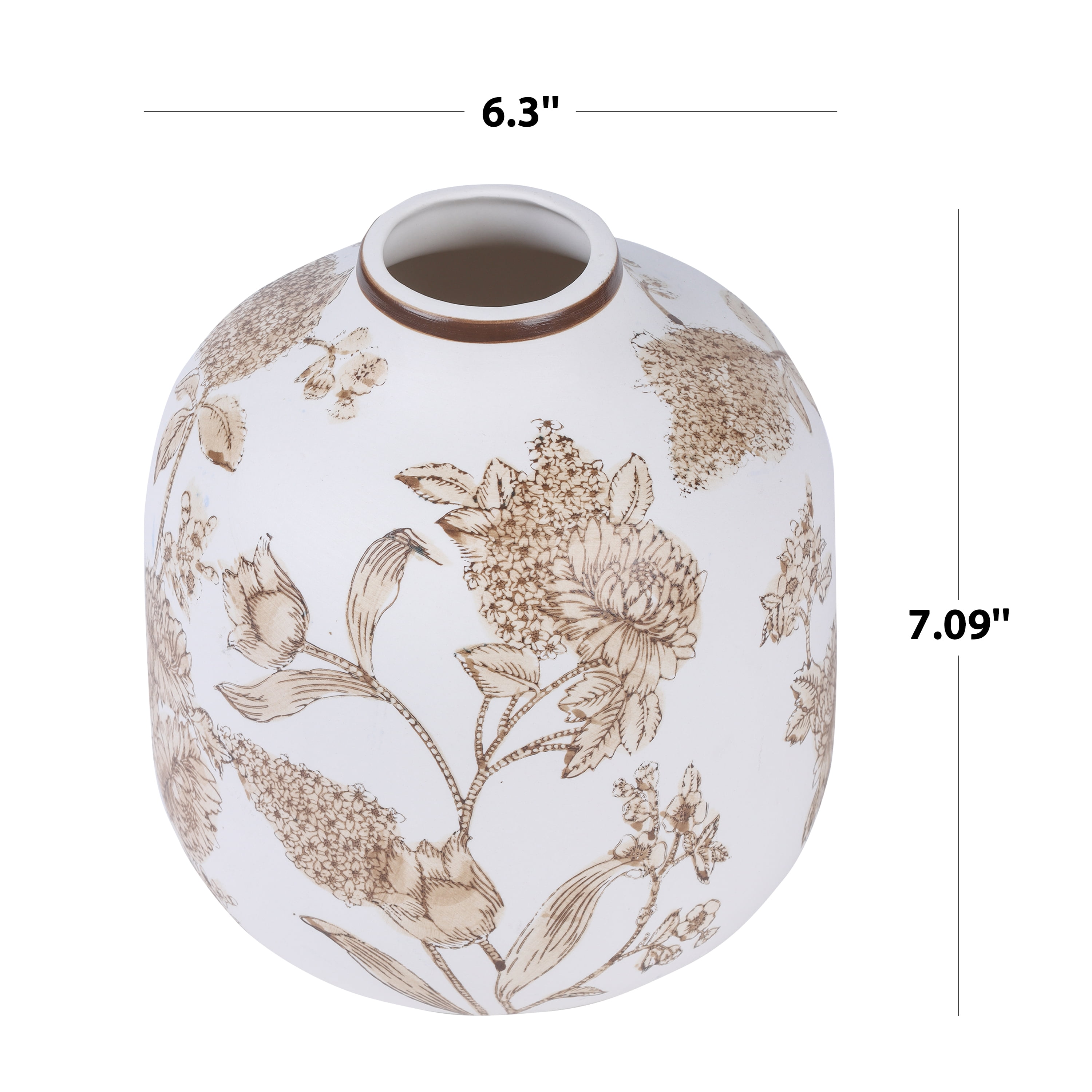 Home Decor Collection Sterling & Noble Home White Ceramic Brown Floral Painted Tabletop Vase